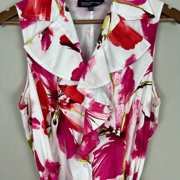 Jones New York Dress Womens 10 Pink Floral Ruffle Collar Belted Button Up A-Line - Picture 8 of 12